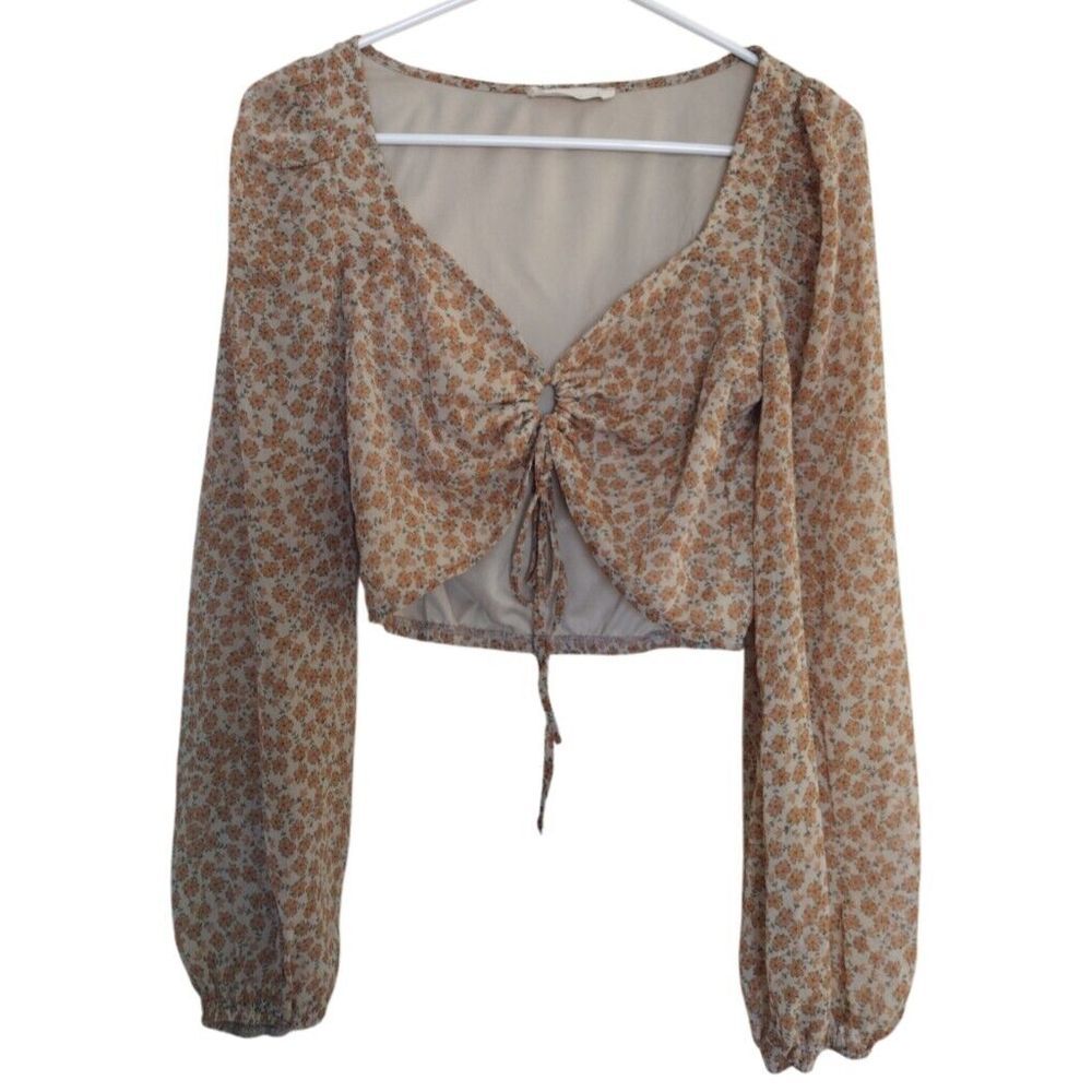 VTG Rokoko Crop Top Woman S Orange Long Ballon Sleeve Blouse Floral Peasant Boho
